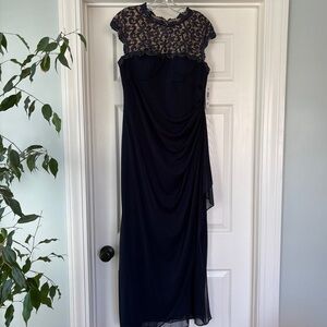 NWT Alex Evenings 12P navy lace draped dress